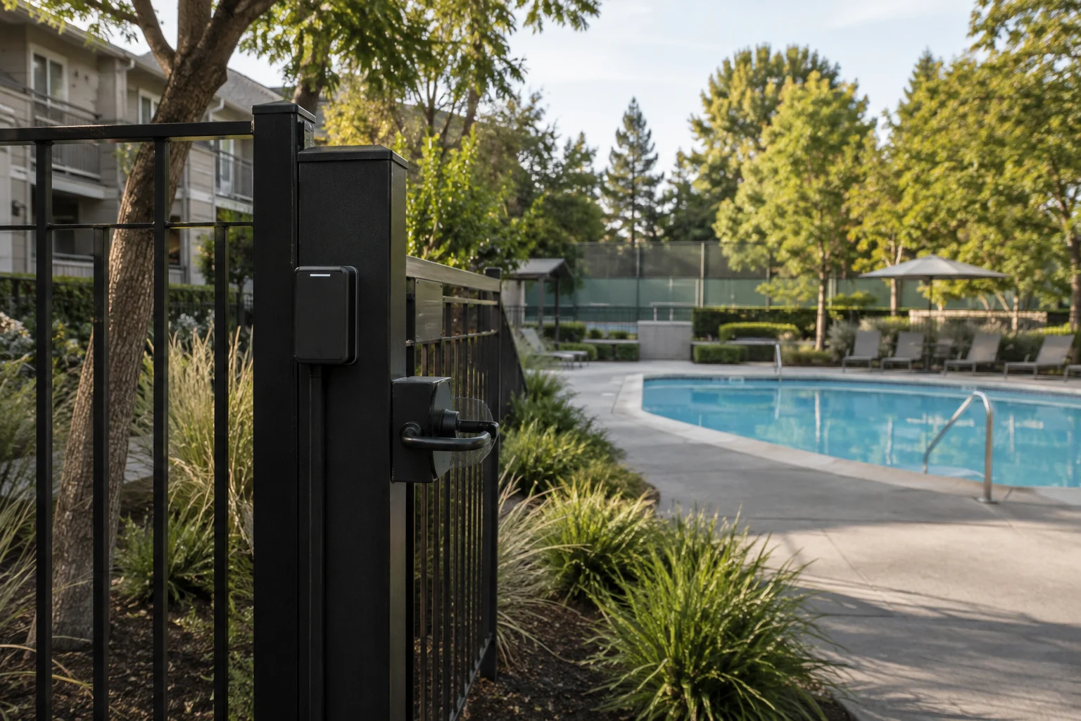 Illustration of a discreet electronic access reader at a community pool gate
